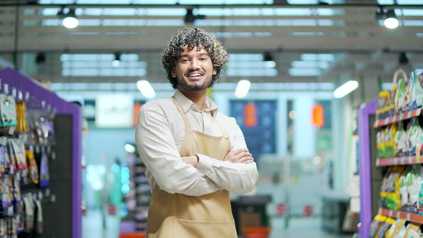 Portrait of a salesman male worker in a supermarket food market looking at camera smiling. Man employee clerk in apron in grocery store Happy Friendly pleasant Positive guy staff in market indoor