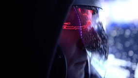 Pilot astronaut wearing helmet with futuristic augmented reality heads up display gazes out of spaceship window, observing stars and vastness of galaxy - Powered by Shutterstock - Get 15% off with code: PIKWIZARD15