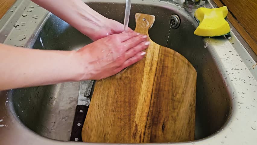 Cleaning Wooden Cutting Board in Sink With Soap and Water During Kitchen Chores in Cozy Home Setting. Unrecognizable household woman hands dishwashing wooden cutting board in sink. Responsibility