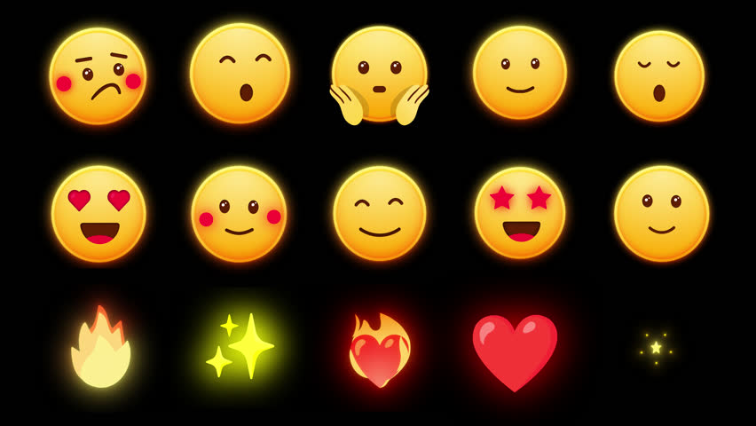 Animated Glowing Emoji Set. Alpha channel, transparent background. Screaming emoji, love emoji, animated fire. 4K resolution loop animation. Emoji with star eyes. Pack 3