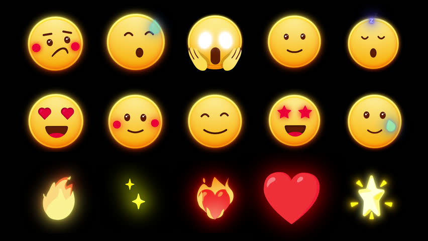 Animated Glowing Emoji Set. Alpha channel, transparent background. Screaming emoji, love emoji, animated fire. 4K resolution loop animation. Emoji with star eyes. Pack 3