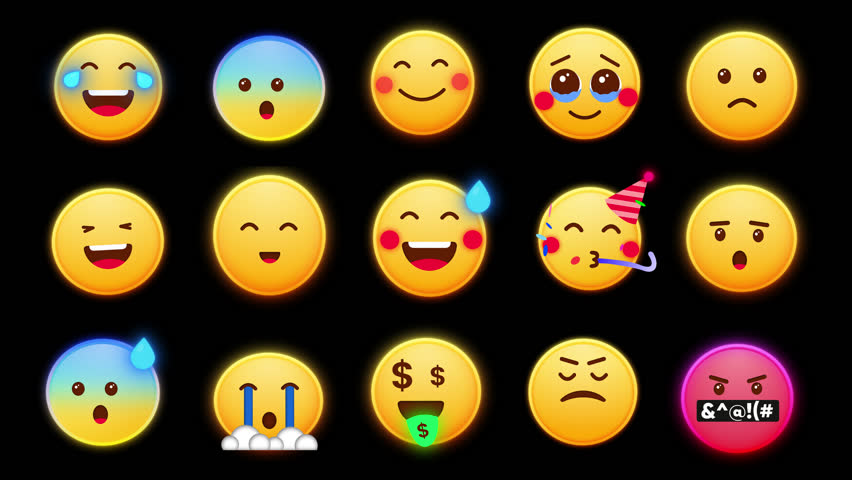 Animated Glowing Emoji Set. Alpha channel, transparent background. Laughing emoji, birthday emoji, crying. 4K resolution loop animation. Emoji with money eyes. Pack 1