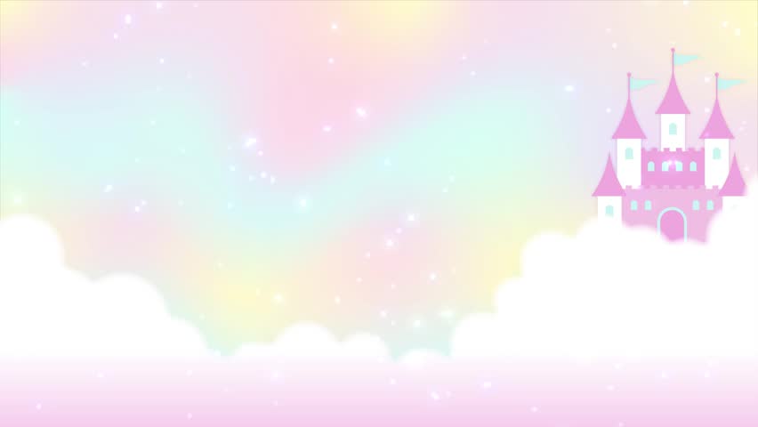 Animated background with rainbow and fairy tale castle in cloudy sky