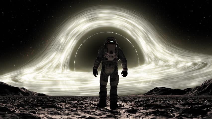 Astronaut in Space in Spacesuit on Black Hole Background. Spaceman Exploring Surface Event Horizon in Expedition. 3d Animation Walking Man Cosmos Footage. Unrecognizable Cosmonaut. 3D Illustration