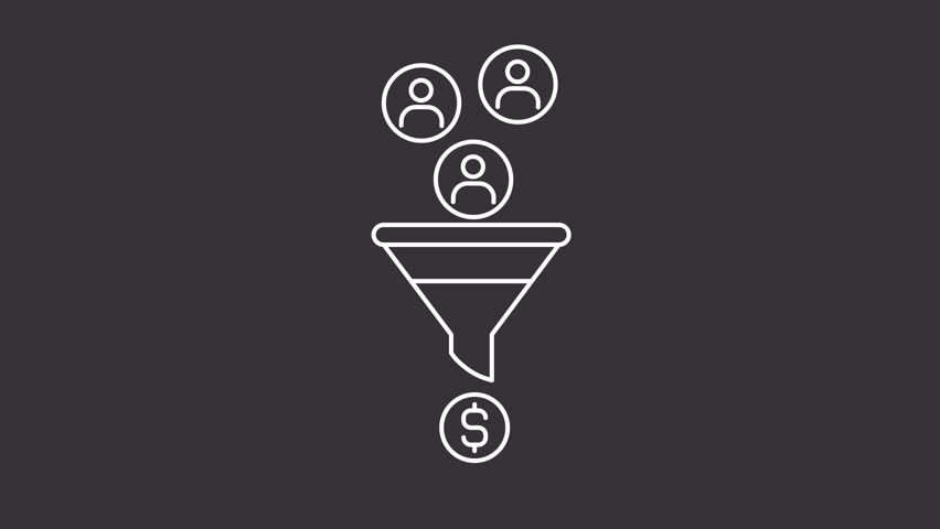 Lead conversion white line animation. Business funnel animated icon. Falling customers, money coin. Sales, analytics. Isolated illustration on dark background. Transition alpha video. Motion graphic