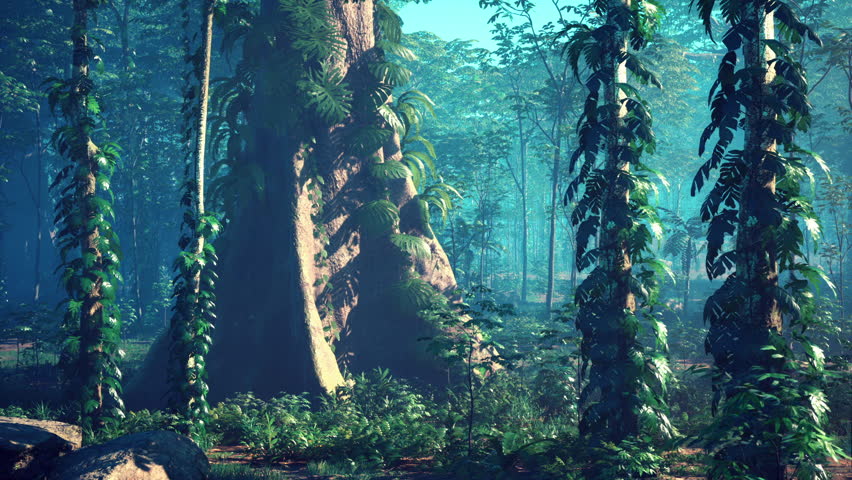 A large tree stands tall in the midst of a dense forest, surrounded by green foliage and wildlife.