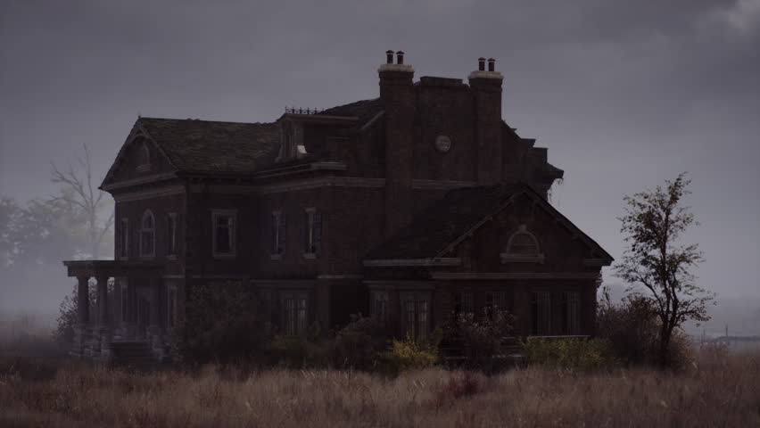 A large Victorian house stands ominously in a fog covered field. The structure features intricate architecture and a dark atmosphere, surrounded by sparse trees and tall grass in twilight.