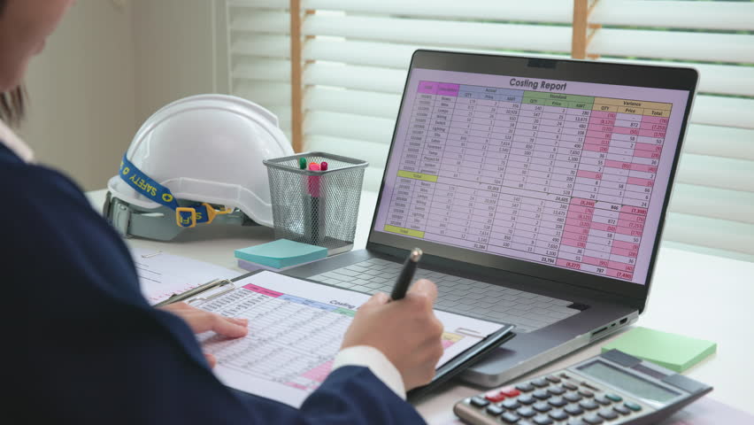 Expert woman asian female people review data number costing managerial account prepare monthly actual cost variance report at tax audit office. ESG sheet budget control ERP process service project.