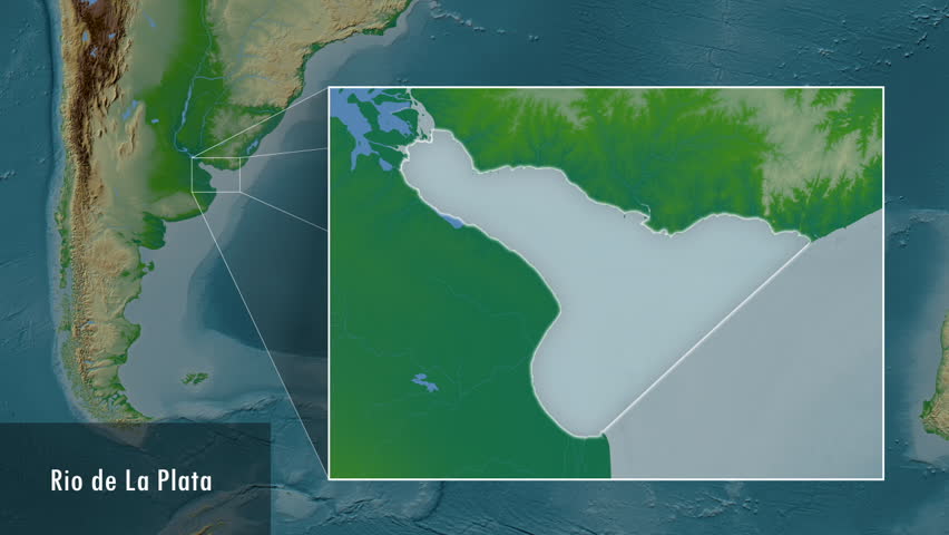 Rio de La Plata region on the background of a colored elevation map of the world in the Patterson Cylindrical projection