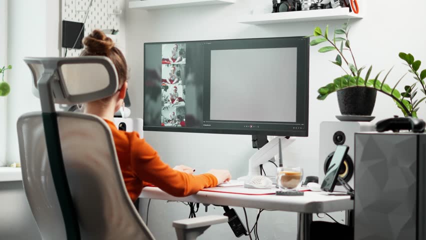 In modern design studio, young woman uses AI tools for creating unique visuals. The AI-powered setup empowers young woman creativity, revolutionizing design with cutting-edge technology.