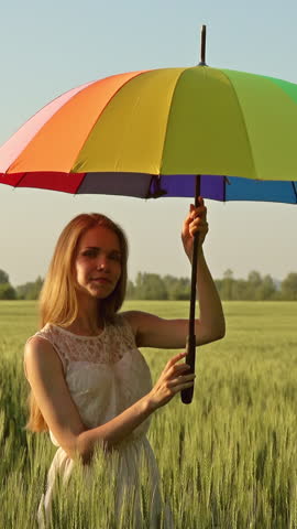 Cute girl with a multicolored umbrella. Vertical video