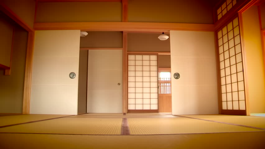 Traditional Japanese room interior with sliding doors and tatami mat flooring, minimalist architecture, wooden elements, serene and peaceful atmosphere, traditional design