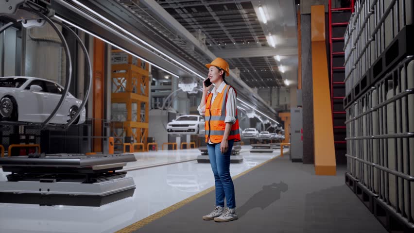 Full Body Side View Of Asian Female Engineer With Safety Helmet Talking On Smartphone While Standing In EV Car Factory