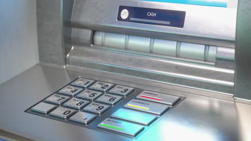 Dollar in ATM cash dispenser. Withdrawal, payment transaction of cash from bank terminal. 3D Illustration