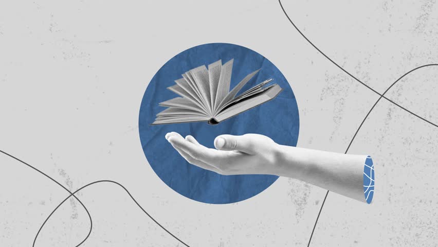 Knowledge is power concept. Modern collage with halftone style open book and fist, hand. Education, wisdom and study. Intellectual development. Smart thinking. Look for ideas in a book. Inspiration