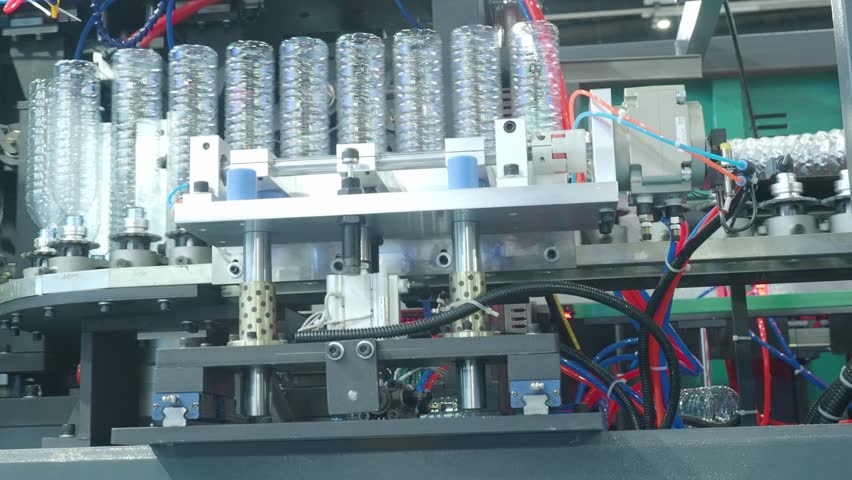 Demo making of PET or drinking water plastic bottle such as PET preform before automate heat blowing and shaping in molding machine and other process of making plastic bottles. Drinking water industry