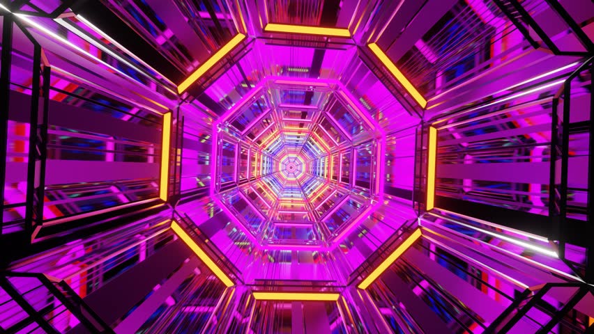 An abstract 3d loop illustration of a colorful neon infinity tunnel in the shape of octagonal