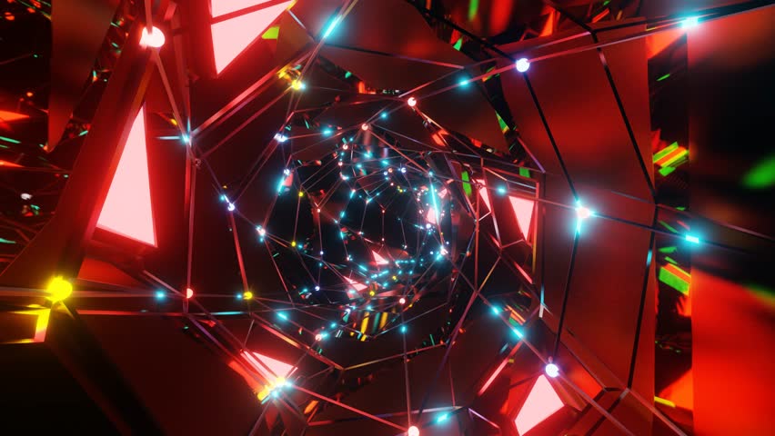 A 3d dynamic VJ loop illustration of a futuristic neon infinity tunnel with glowing particles - suitable for the music visual presentation