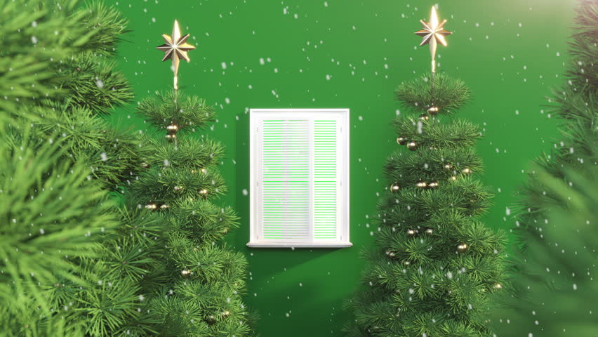  A close-up of a door slowly opening to reveal transition complete with falling snow. A magical Christmas scene with a green screen background, 3D animation.