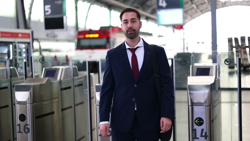 confident businessman in a formal suit stands at the train station with arms crossed and a smile, preparing for his daily commute to work