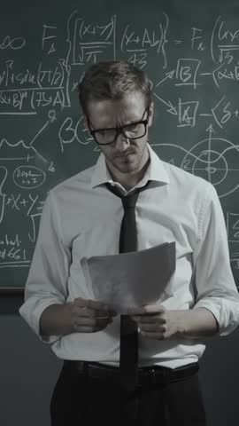 Disappointed mathematician checking his research papers