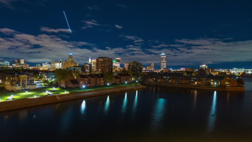 Buffalo, New York, USA downtown skyline time lapse from the Erie Basin Marina.