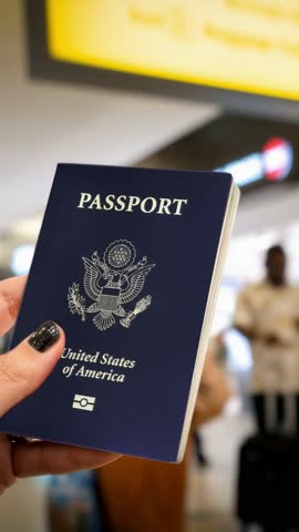 Hand of a woman holding a United States passport in an airport terminal, ready for international travel and customs.