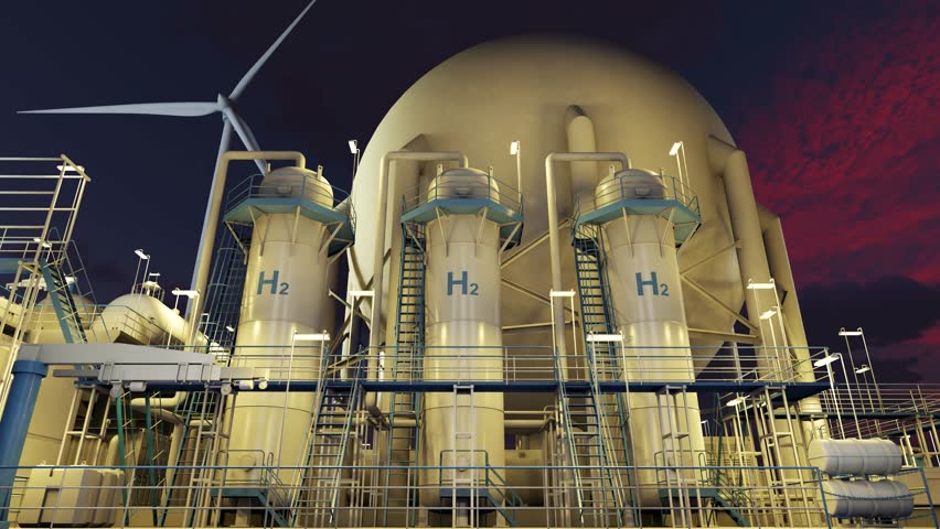 The offshore platform for green hydrogen production. A nighttime view of the hydrogen platform highlights the clean ocean industry. Concept renewable energy sources. Time lapse. 3d rendering