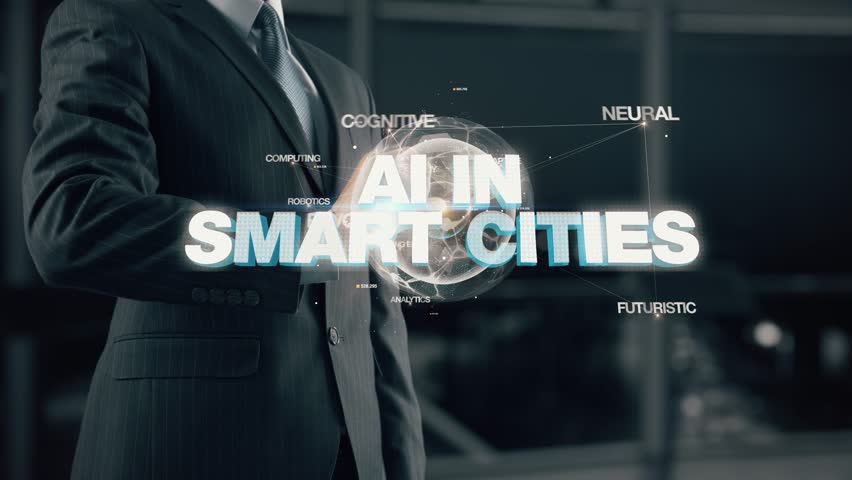 AI in Smart Cities- businessman working with virtual reality at office.