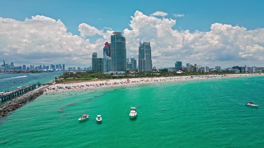 Miami Beach, South Beach. Miami Beach skyline. Miami cityscape, aerial view. Top view of Miami coastline, shore, waterfront near ocean. Luxury travel in USA. Ocean drive.