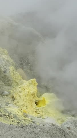 Fumaroles in crater of active Mutnovsky volcano, Kamchatka, Russia. Vertical video