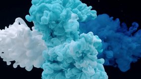 Blue and white acrylic paint splash each other in water against a black background, colored ink spreads and bursts like a colorful cloud, fluorescent lighting and natural glitter. 4K. - Powered by Shutterstock - Get 15% off with code: PIKWIZARD15