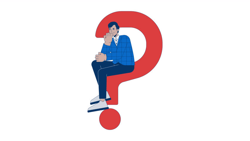 Seeking answer on difficult question 2D animation. Business support needing 4K video motion graphic. Hindu man sitting on question mark animated character cartoon flat concept, white background