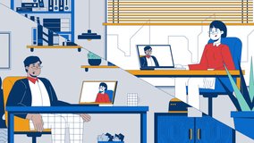 Virtual meeting remote employees cartoon animation. Video conferencing laptops 4K video 2D motion graphic. Diverse coworkers working remotely animated characters on home offices background - Powered by Shutterstock - Get 15% off with code: PIKWIZARD15