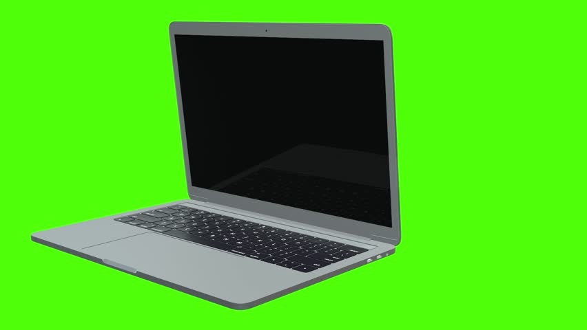Laptop spins and opens to green screen.