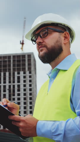 Vertical Screen: Building inspector wearing helmet and safety vest holding file folder and making notes against multistory buildings under construction. Inspector working at site and checking quality