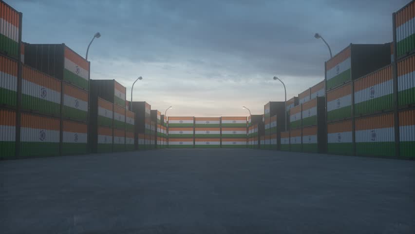 India flag containers are located at the container terminal. India export or import concept