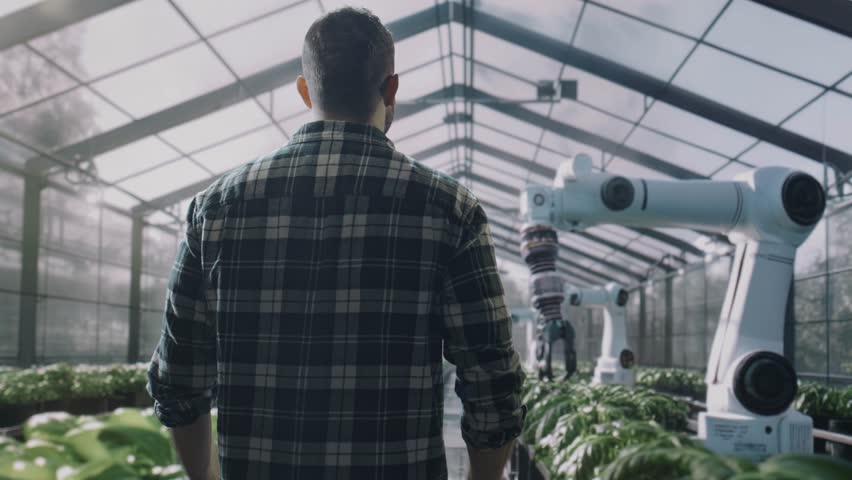 Agricultural Engineer Observes Modern Robotic Arms In High Tech Greenhouse Future Farming Innovation Technology Leadership