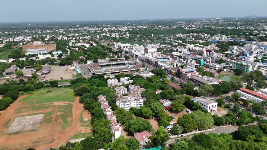 Elevated city view featuring the central bus station area in Pudukkottai.