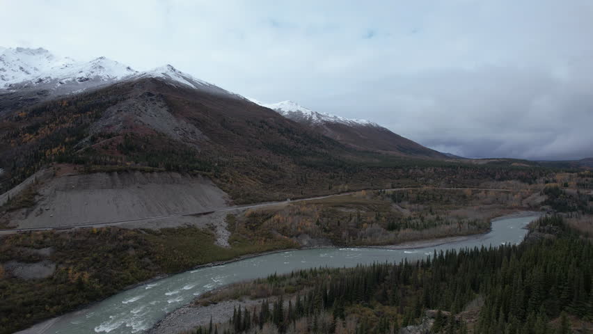 Aerial dolly right on the Jack River outside of Denali National Park, Alaska