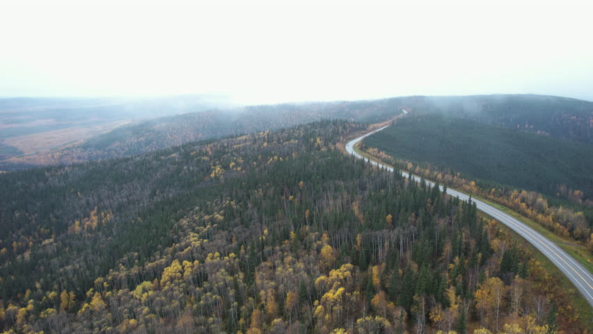 Aerial of Highway 3 in Alaska with beautiful autumn colors outside of Fairbanks