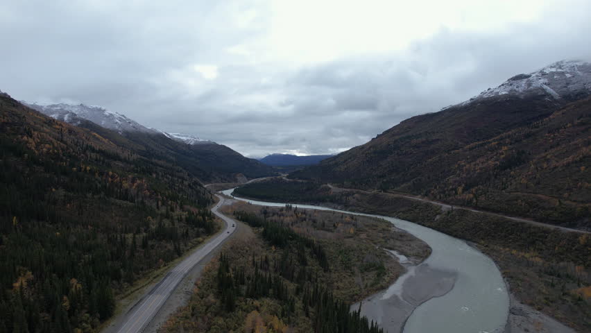 Aerial view of the Jack River and Highway 3 outside of Denali National Park, Alaska with fall colors