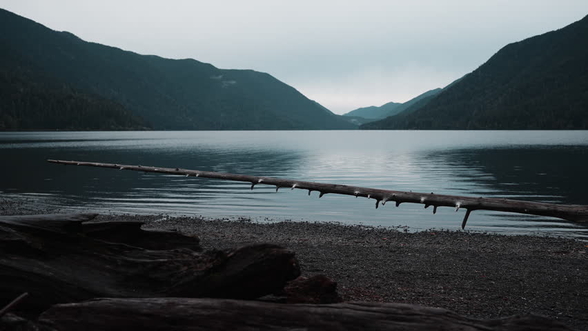Views of Lake Crescent on a cloudy autumn day. Gentle waves ripple under moody skies, framed by mountains and vibrant fall trees.