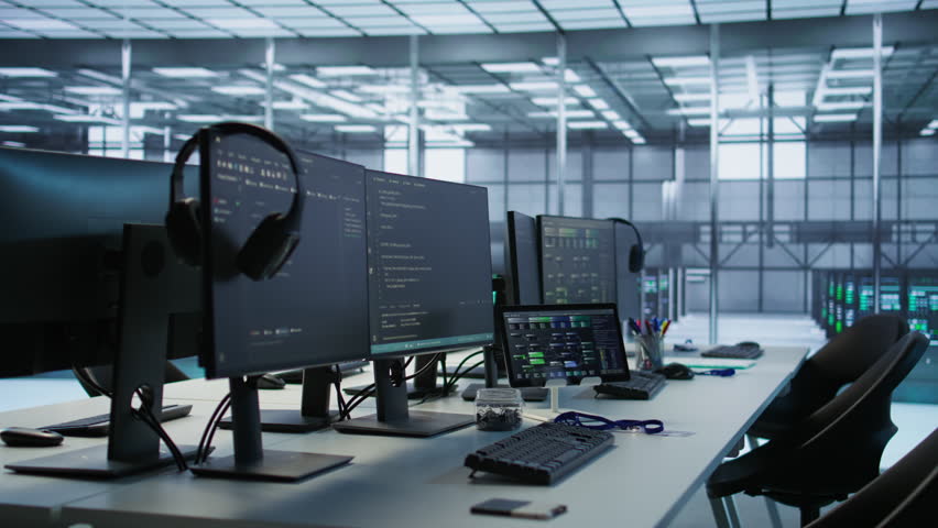 Artificial intelligence applications used in data center workplace to maintain company network equipment, handheld camera shot. AI programs used in server room to ensure optimal system performance - Powered by Shutterstock - Get 15% off with code: PIKWIZARD15