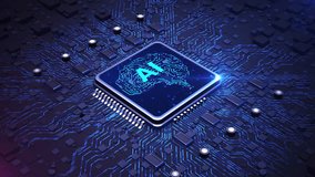Futuristic AI chip with a brain-shaped circuit design glowing on a high-tech blue circuit board, representing artificial intelligence and neural computing systems. Big data transmission background - Powered by Shutterstock - Get 15% off with code: PIKWIZARD15