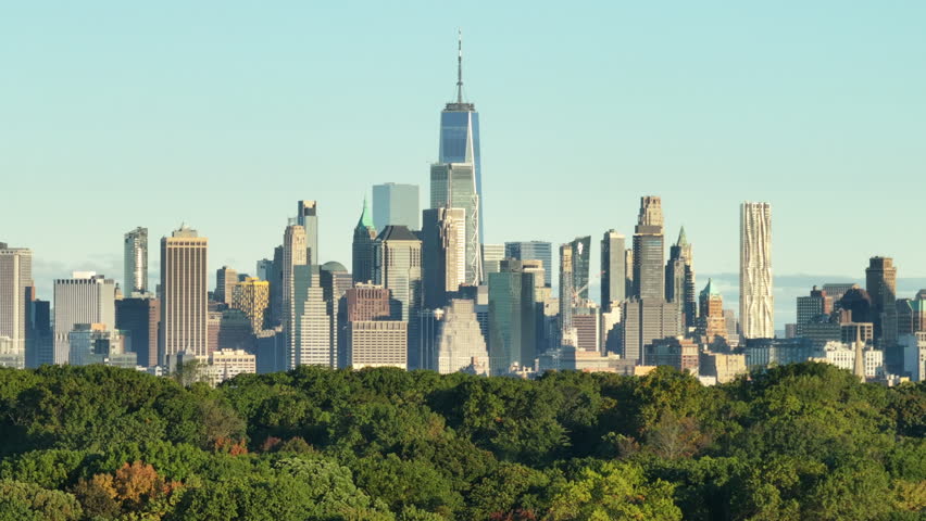 Aerial view of Brooklyn’s Prospect Park with Manhattan’s Financial District in the background. Shot on an October morning.