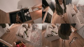 Split screen POV shot of young positive Biracial couple sharing everyday routine in modern apartment, doing grocery shopping, watch TV and fooling around together - Powered by Shutterstock - Get 15% off with code: PIKWIZARD15