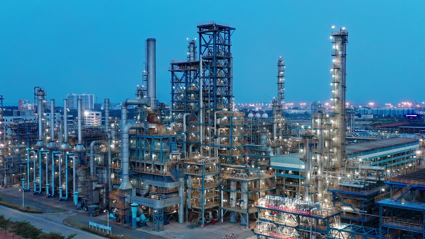 Aerial view of chimneys of power plant, an industrial district. Modern large thermal power plant