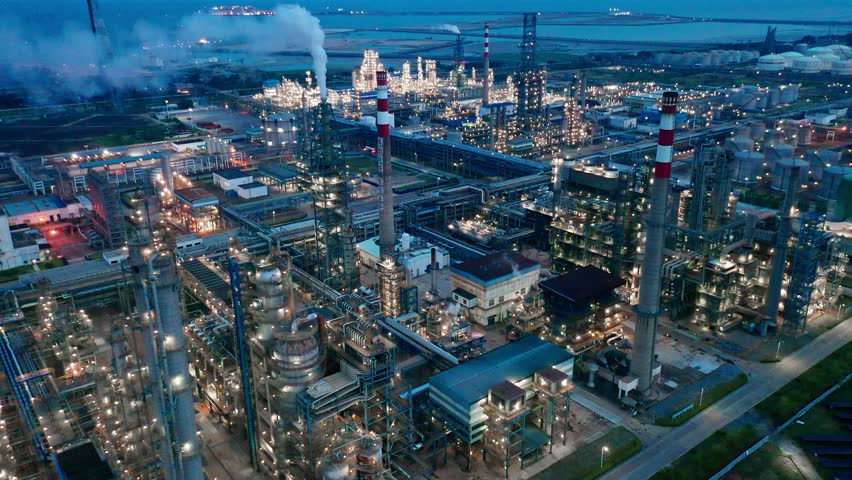 Aerial view of chimneys of power plant, an industrial district. Modern large thermal power plant
