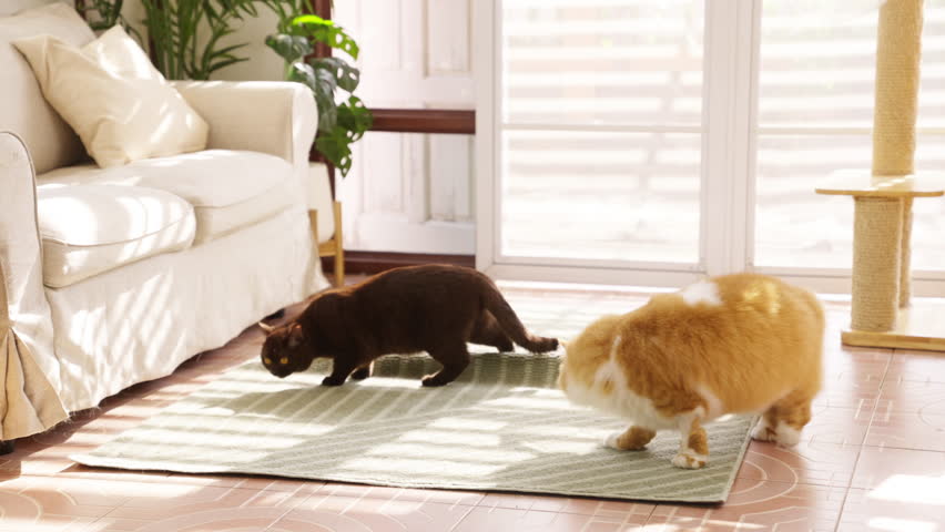 Domestic feline pet cat playing in living room. Happy British Shorthair and British Longhair breed indoor cat playing cat together on the floor. Cute kitten cat living with human owner family at home.